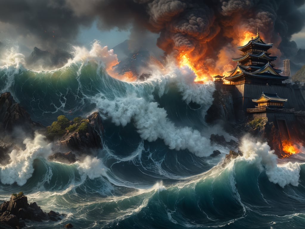 Epic photograph of an earthquake in Japan, large waves, destruction, fire, in the style of Aivazovsky