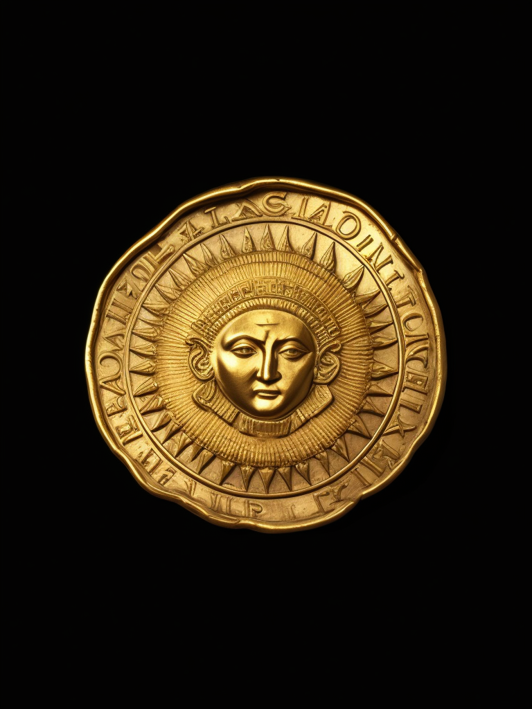 ancient gold carved coin with sun face, deep carved gold