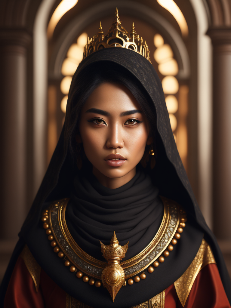 hyper-realistic, ultra-detailed photograph of indonesia asian girl with arabic fashion black cloak with black bird in the head. Renaissance ottoman throne kingdom background, photo realistic, golden jewelry, shiny, sunlight fractal details, depth of field, HOF, hall of fame, detailed gorgeous face, apocalyptic environment, natural body posture, professional photographer, captured with professional DSLR camera, trending on Artstation, 64k, ultra-detailed, ultra-accurate detailed, bokeh lighting, surrealism