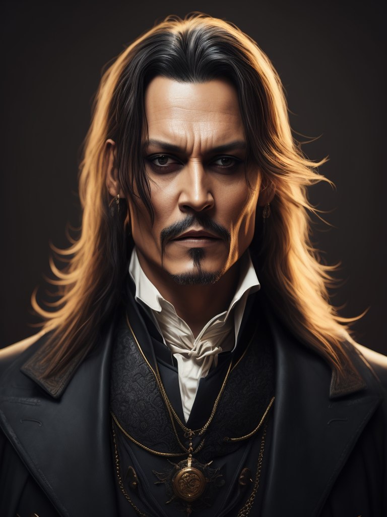 Portrait of Johnny Depp as Count Dracula, majestic look, long hair, he wears 18th-century style clothing, dark background, contrasting light, detailed face, muted tones