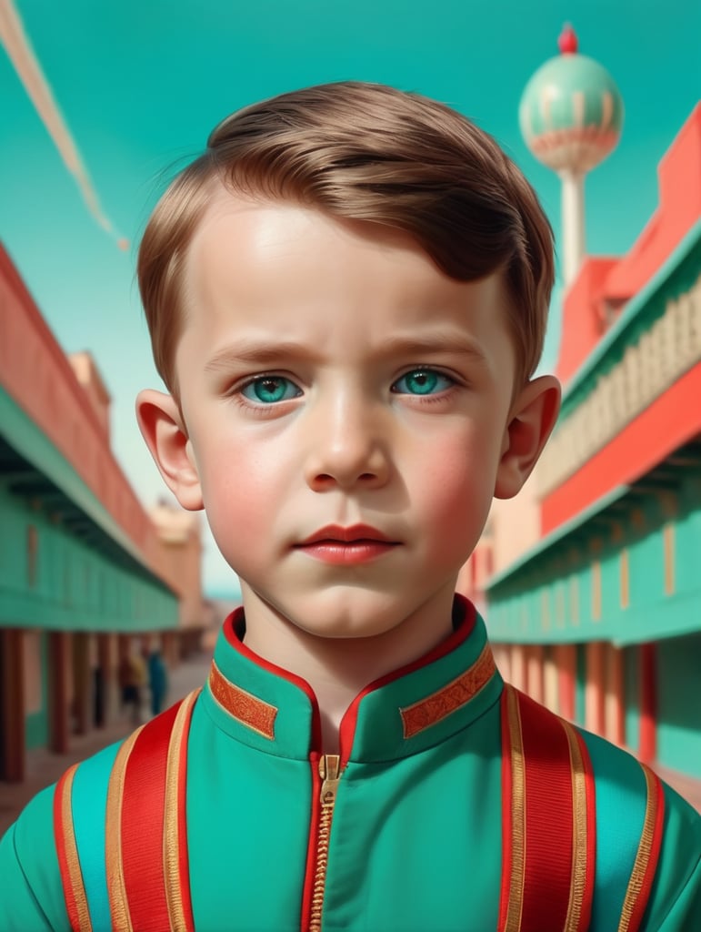 Portrait of child, half lenght, Wes Anderson style, Incredibly high detail, Bright colors, turquoise green and red colors,