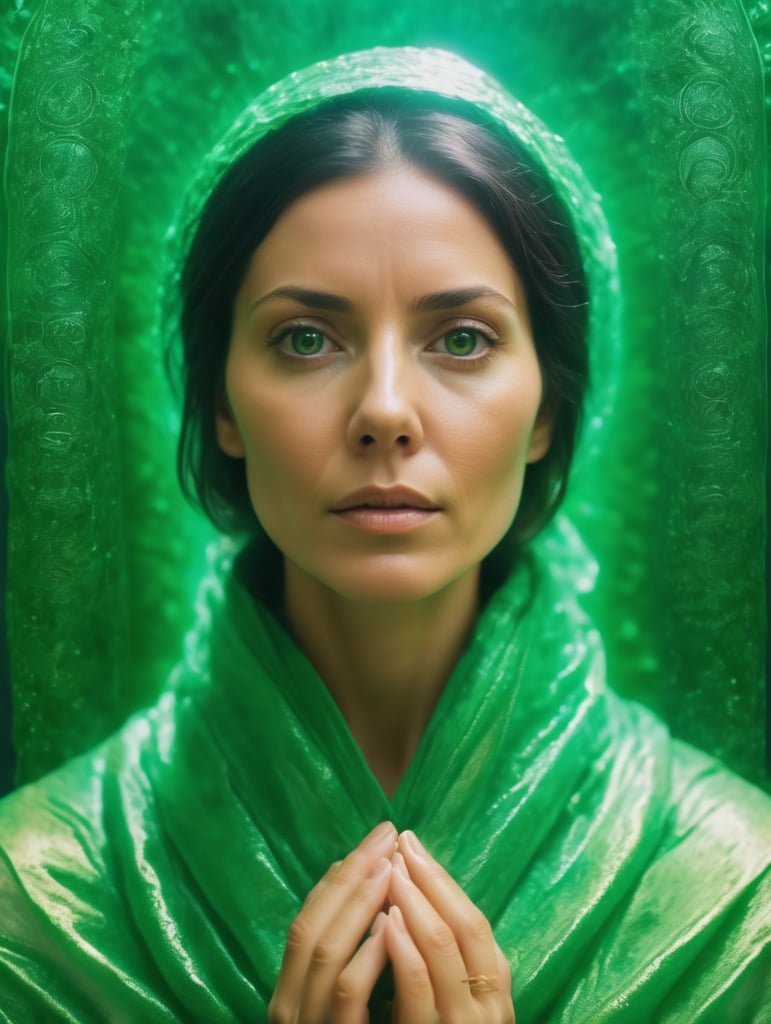 Portrait of a woman experiencing spiritual experience, wrapped green film, Wes Anderson style