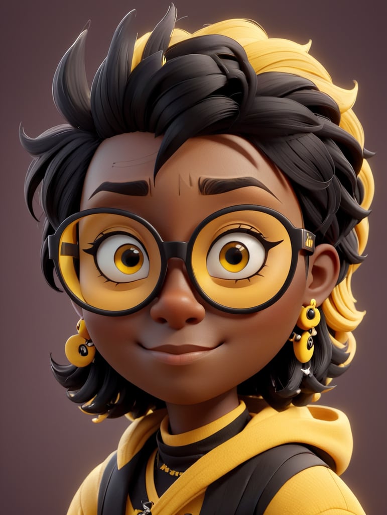 graphic designer, black skin, creative, piercing, glasses, black and yellow colors