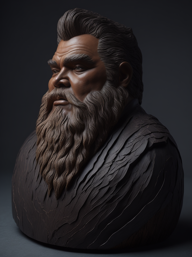 a fat american man carved from the dark reed wood, detailed, deep carving, handcrafted
