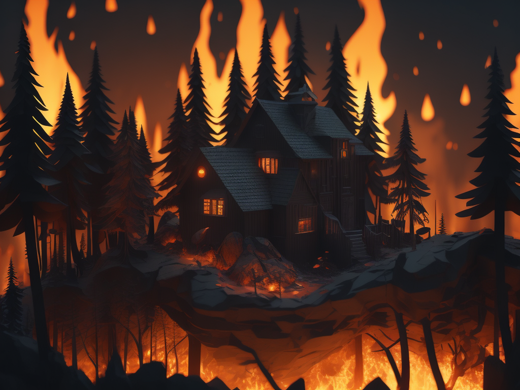 a 3d paper model of forest on fire, paper art style, in style of architectural illustration