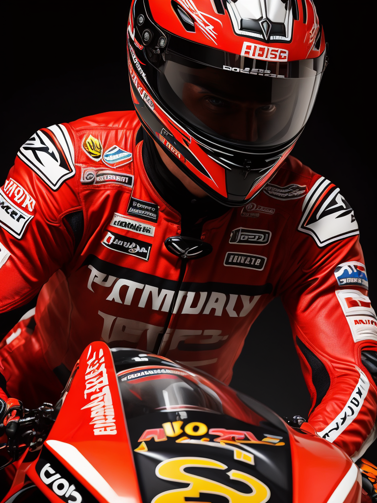 portrait of motogp racer on a bike, red colors, on the background of the race track