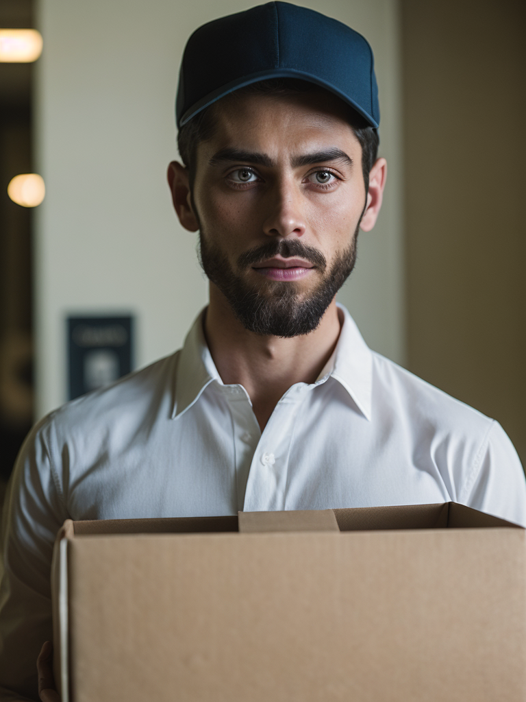 portrait of a delivery transgender, wearing a white cap and white t-shirt, holding a box