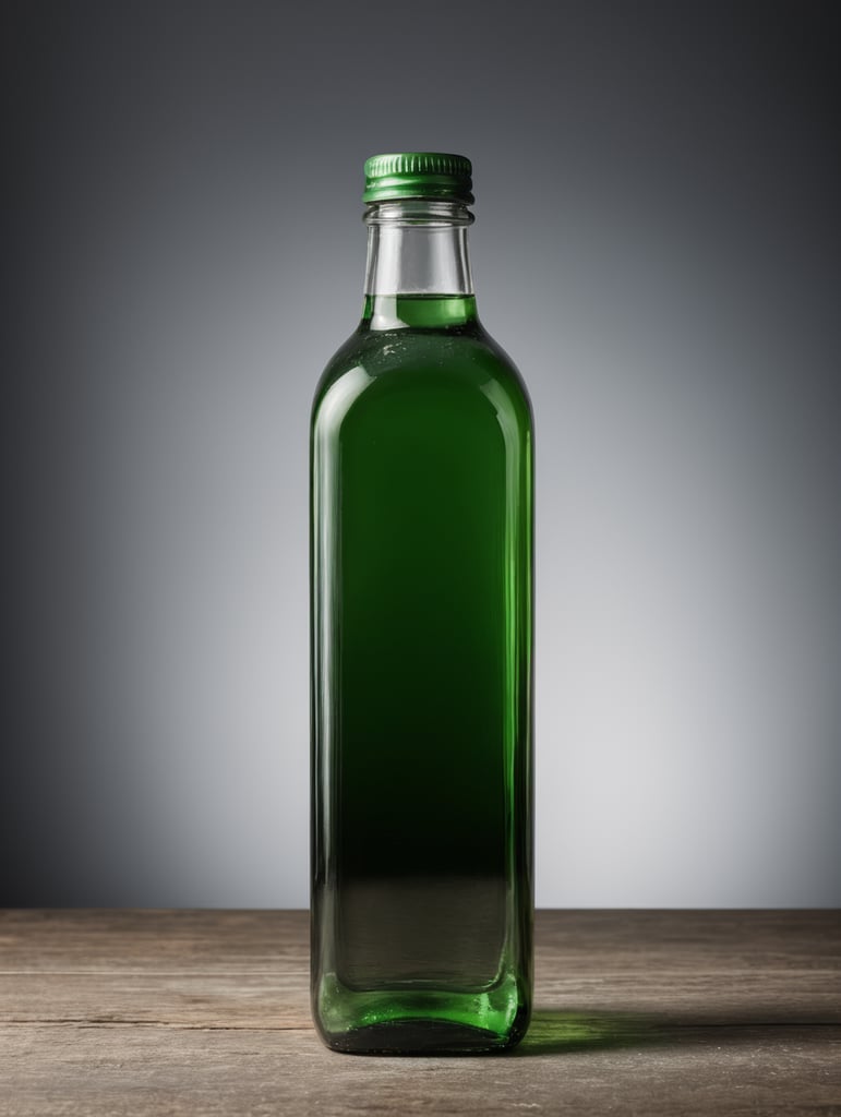 square Green glass bottle with mineral water mockup, no label, isolated, grey background