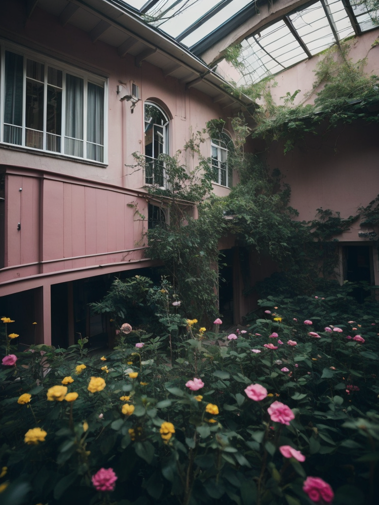 Architectural photo of a maximalist pink solar green house interior with lots of flowers and plants, golden light, hyperrealistic surrealism, award winning masterpiece with incredible details, epic stunning pink surrounding and round corners, big windows, art space, green house walls and celling