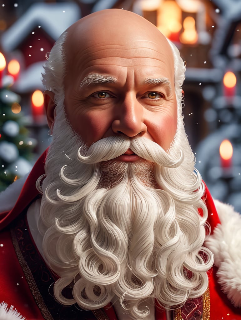 Portrait of Santa Claus, whimsical facial expression, cloned face, realistic wavy white beard, detailed beard hair, bald head, warm complexion, jolly caricature, saturated colors, all red outfit, highly detailed, sharp focus, portrait photography, depth of field, dramatic candlelit lighting, incredibly high detailed, toy workshop background, white snowflakes