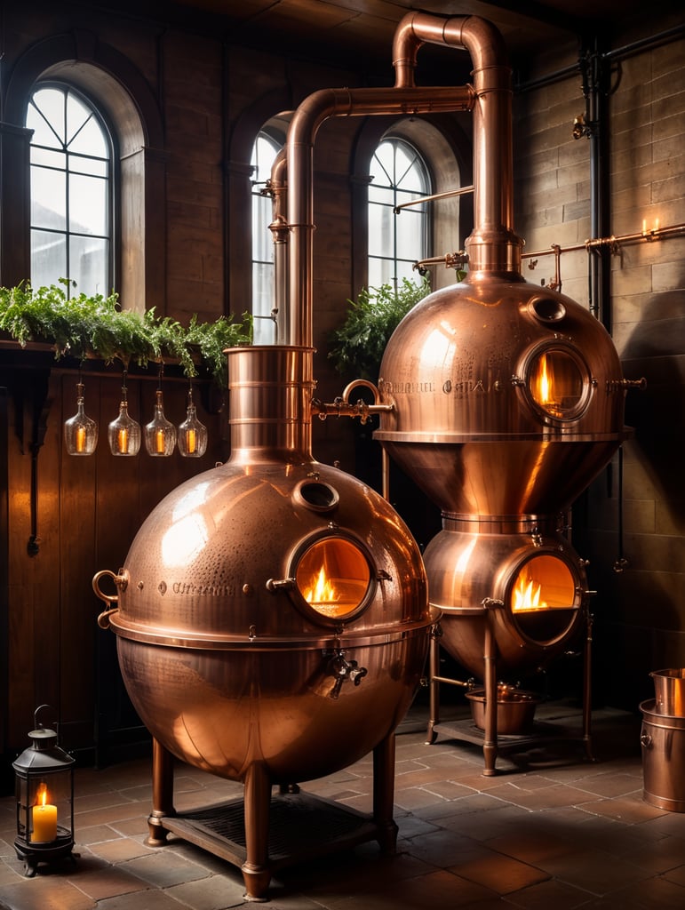 Close-up of a Copper distillation unit alembic, candles on the walls, Dim antique room for whiskey production, herbs and hops, old master sitting on a chair