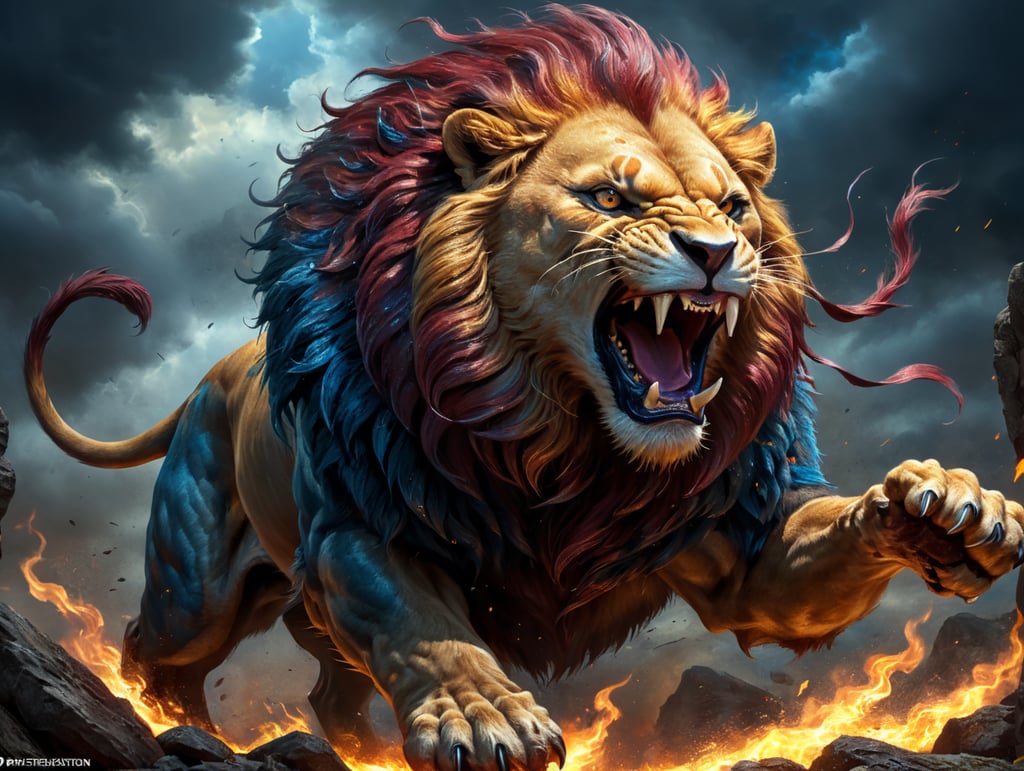 leaping lion wildlife firestorm maroon blue gold fierce snarling illustration