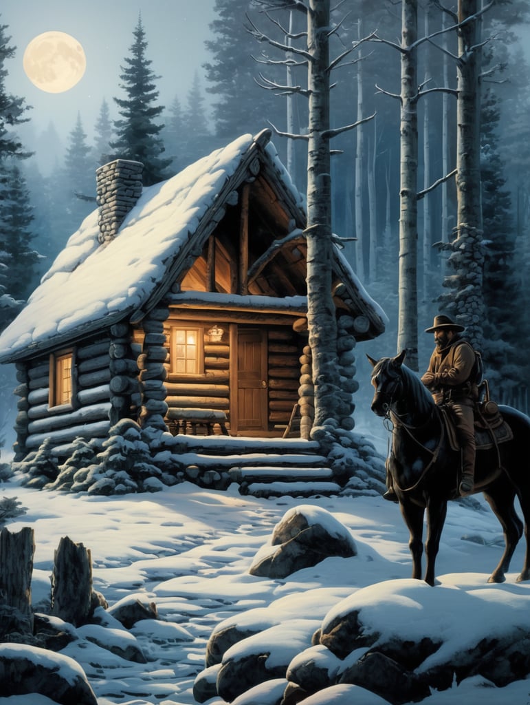 Make a small log cabin in the dark Woods whet a lonely man lives