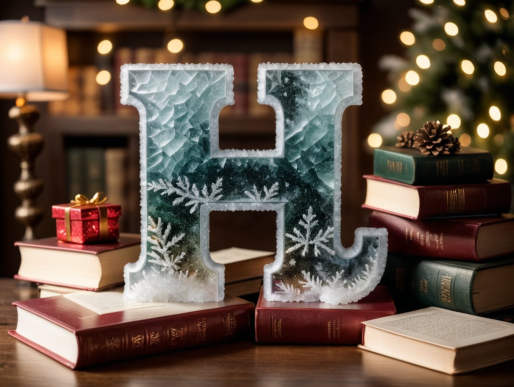 ice letter H wiwth Christmas background, with books