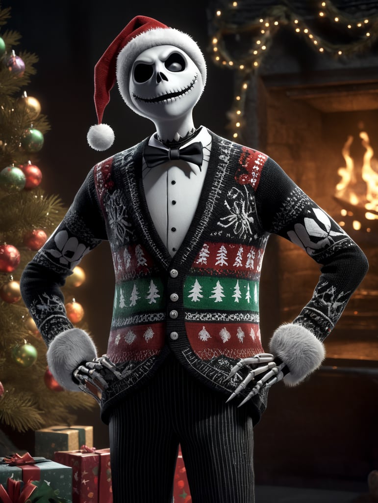 Jack Skellington standing wearing an ugly Christmas sweater
