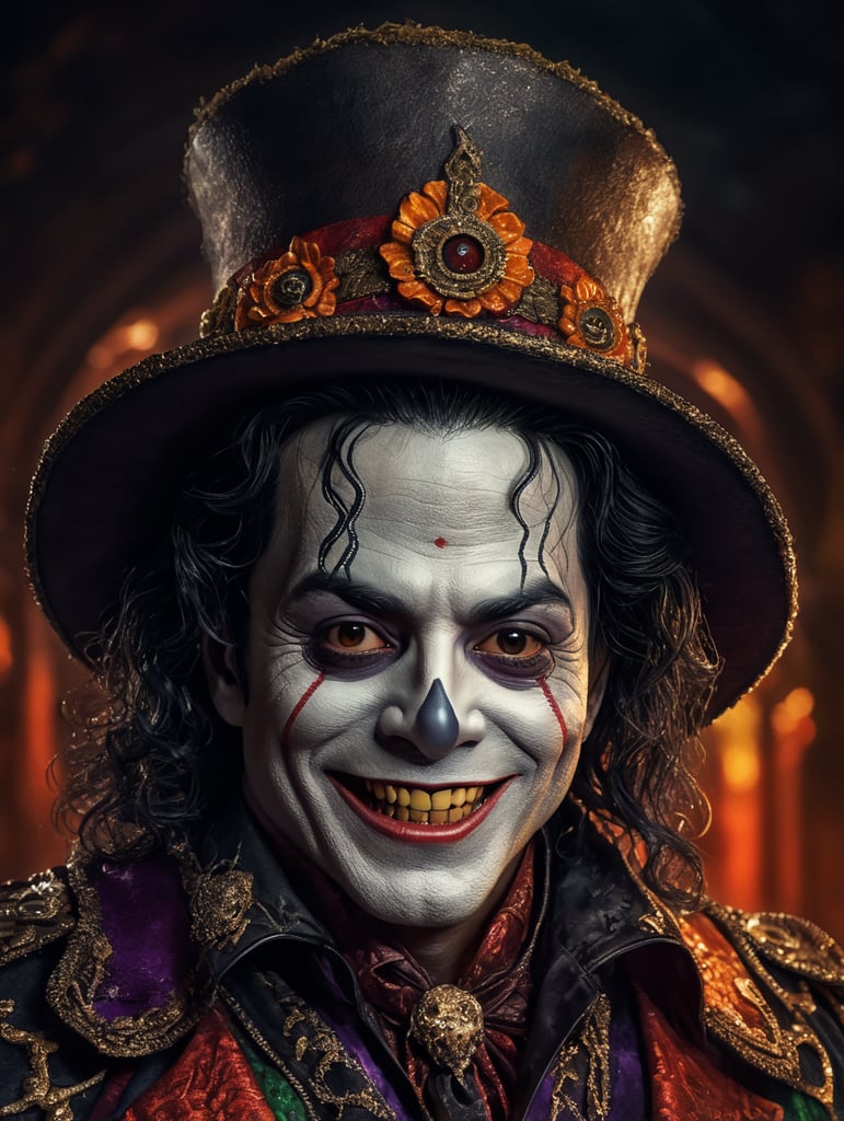 Old Michael Jackson as a creepy evil character wearing spooky Halloween costume, evil smile, creepy tiny nose, Vivid saturated colors, Contrast color