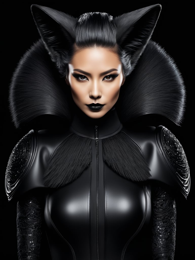 Fox, avant-garde, simplygo, photoshoot spread, dressed in all black, black background, harpers bizarre, cover, headshot, hyper realistic