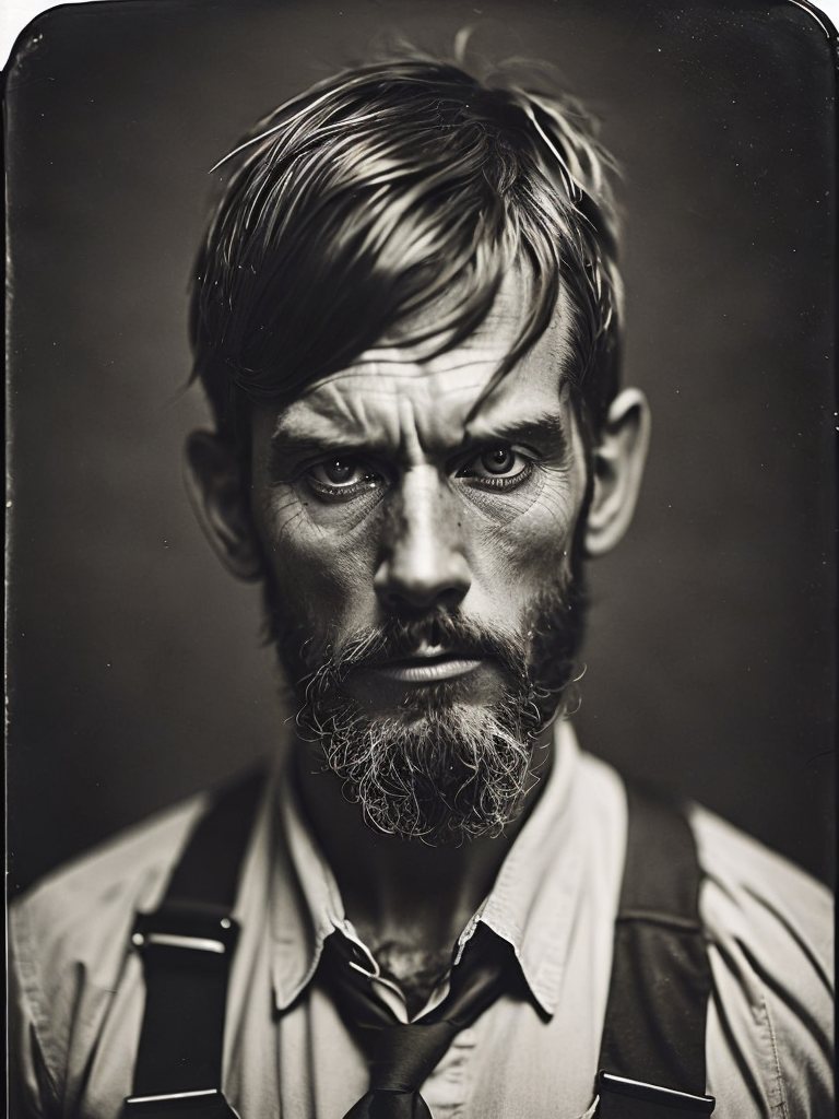 a wet plate photograph of a scary farmer with dark bob haircut, white eye, neutral emotions on his face