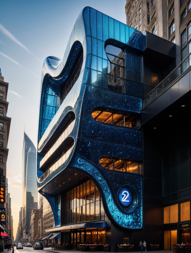 A futuristic neocosmic architectural facade of à Restaurant on the form of a musical note, in New York city, in blue glass, hyper realistic, hyper detailed, Nikon camera