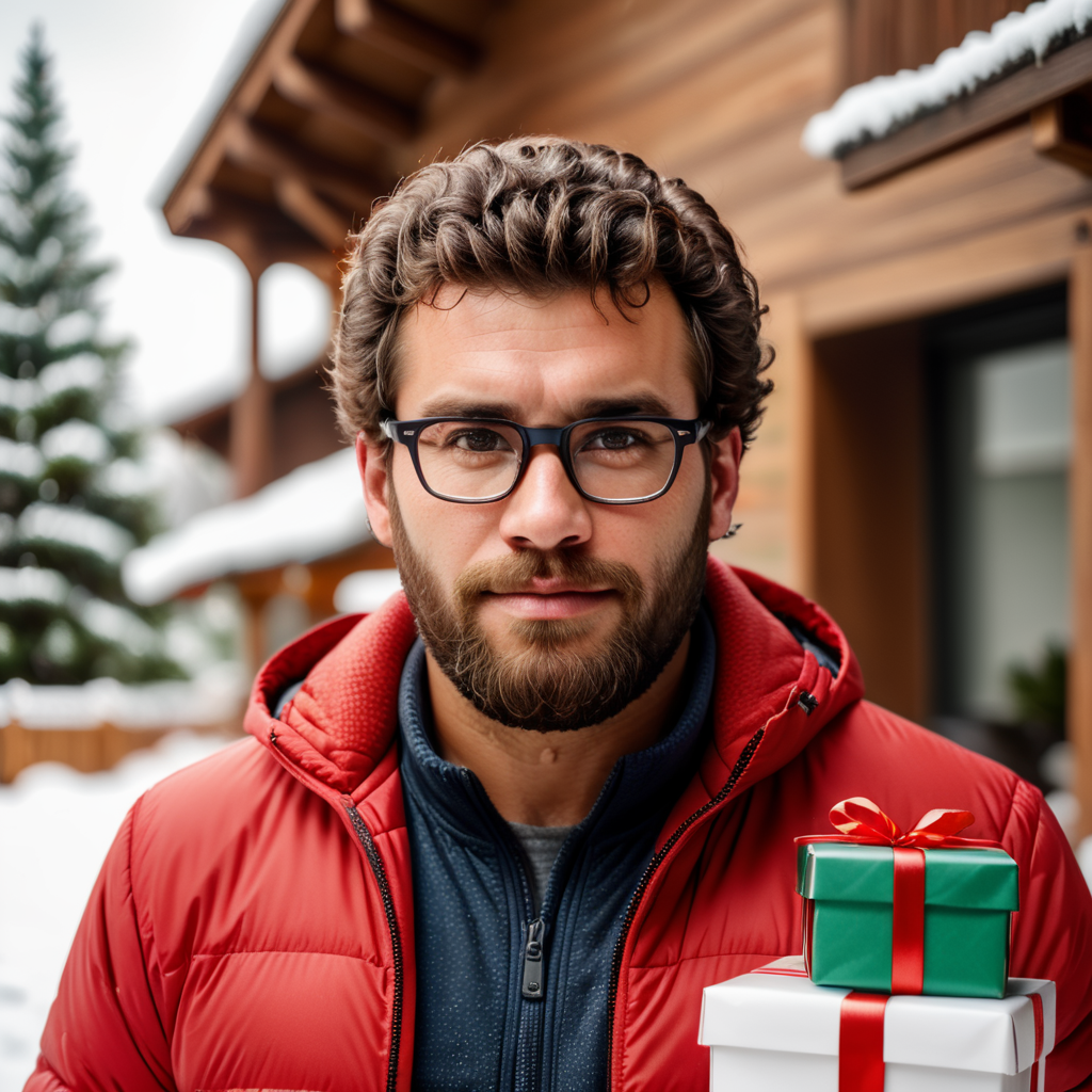 portrait of a bearded curly man wearing red puffer jacket, reeding glasses, stands front camera with gift box his hand, snowy weather, Christmas time, blurry background