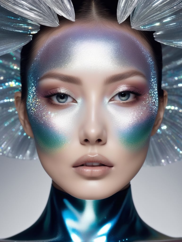 Mesmerizing Holographic face materials shimmer in motion, Photography in the style of Rankin