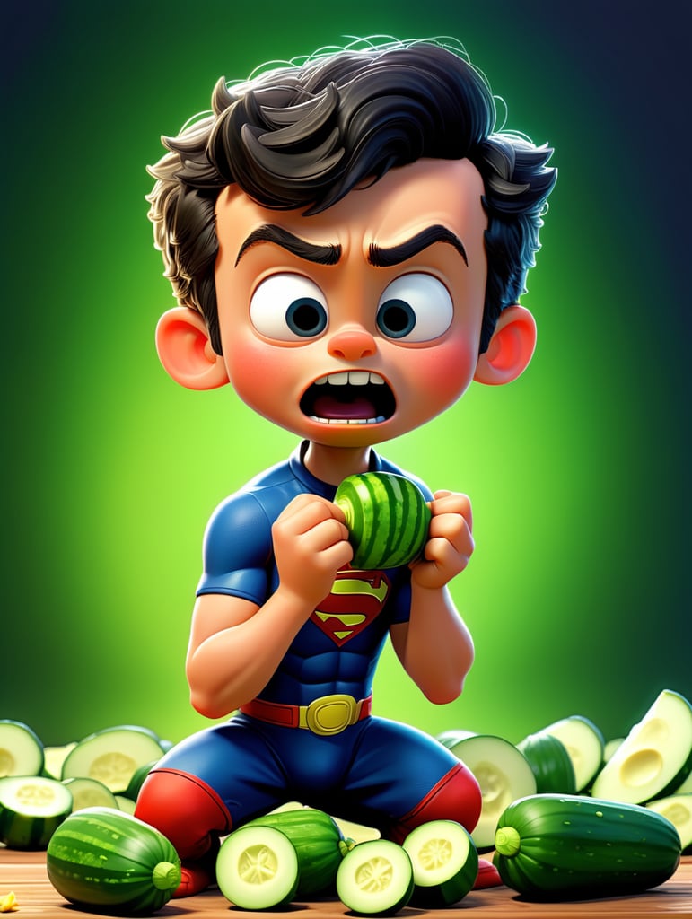 Crea un immagine di un bambino supereroe che mangia un cetriolo e fa delle puzzette e fa svenire chi glie è vicino.