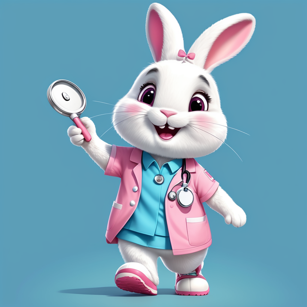 Pixar style cartoon white bunny nurse character, pink uniform, happy expression, white Crocs stethoscope, cute character design, whimsical illustration, animated character, sky blue background