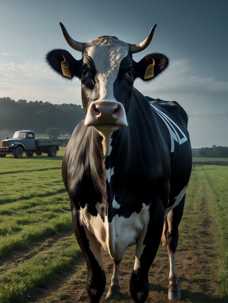 Draw a cow standing upright in a farm field. We can see the cow's entire body. The cow is wearing an auto racing uniform, and the cow is wearing racing goggles.