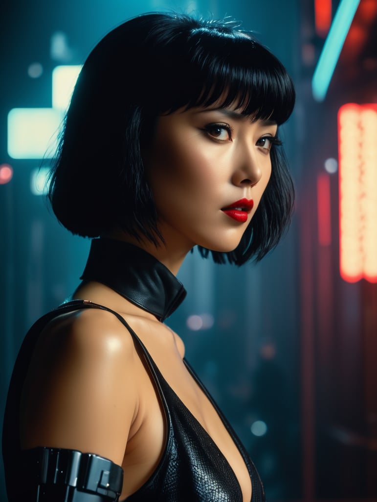 Motoko kusanagi in blade runner 1982, neo noir, cyberpunk, cinema still medium shot 8k