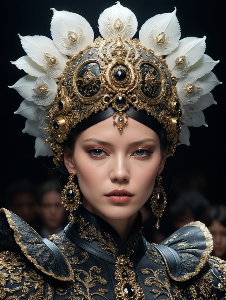 Fashion model walking down a catwalk, elaborate dress by alexander mcqueen, detailed face, beautiful feminine face, art by julia hetta and giampaolo sgura and pamela hanson and david roemer and mario testino and lara jade and tim walker and cole sprouse