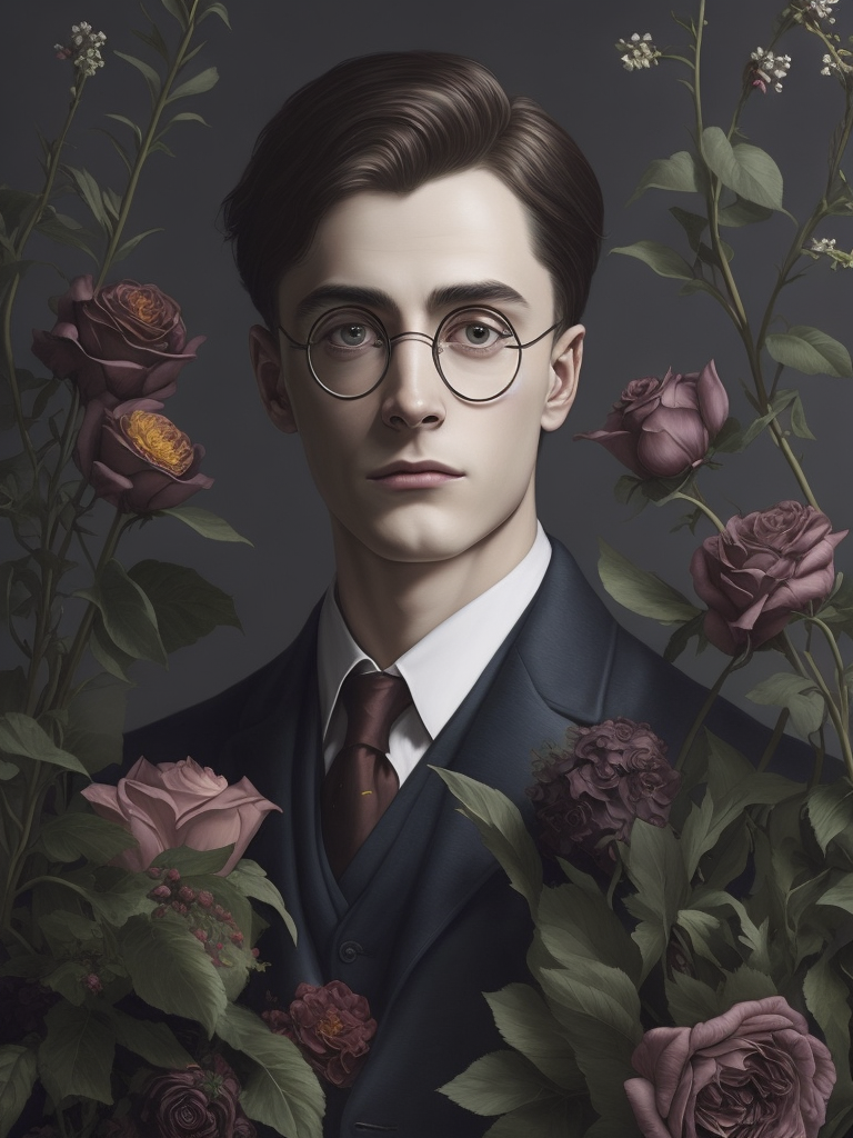 Harry potter with flowers, painted by rené magritte