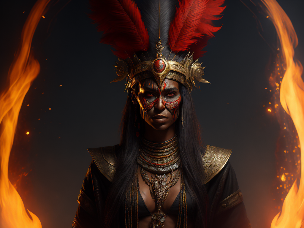 full-length portrait of a witch doctor wearing a feather headdress, holding a glowing skull floating in hand, red face warpaint, ghostly, native symbols, fantasy concept art, highly detailed