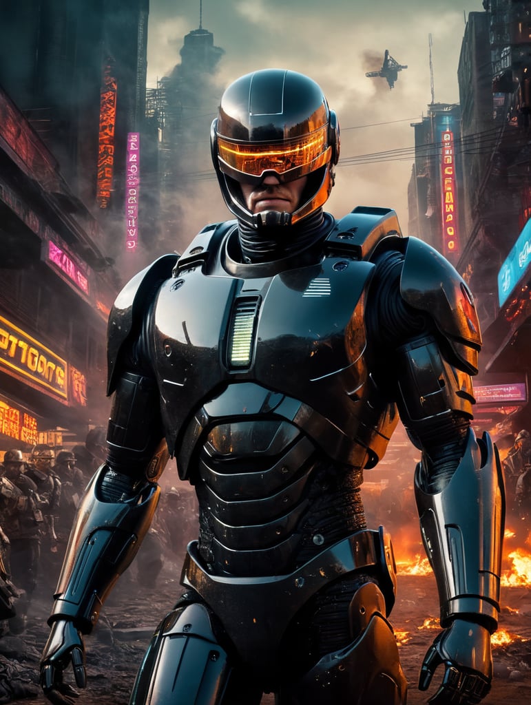 Robocop movie poster, neon style, cyberpunk, futuristic, dirt, noir, fire, energy blast, super detailed, real, deep expression, try a more dramatic helmet style, explosion in the back