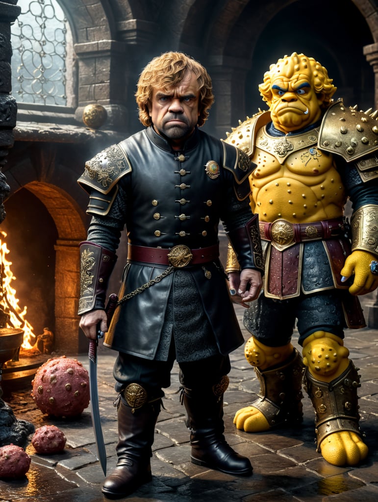 Tyrion Lannister stood next to spongebon mafia style