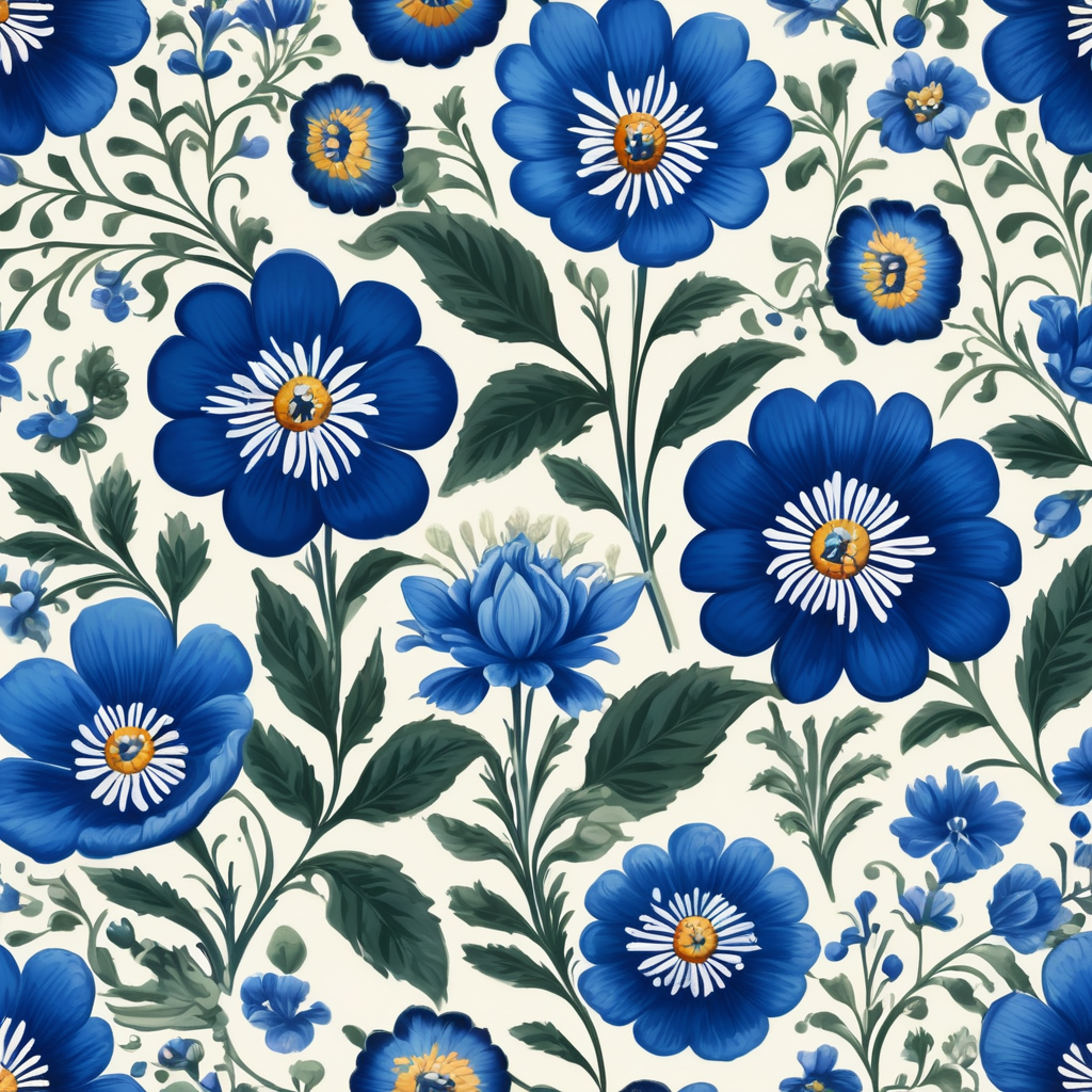 Seamless pattern beautiful floral pattern with blue flowers in the background, in the style of polish folklore motifs, juliana nan, mexican folklore - inspired, tivadar csontváry kosztka, clara peeters, texture exploration, blue color scheme, blue pallete, amoled, 264k render HD
