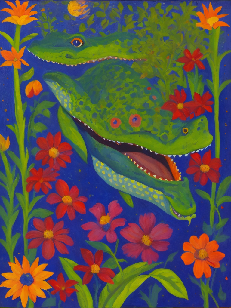 An oil painting shows a crocodile and flowers in one pose, flowers, sun, in the style of light maroon and royal blue and poppy pink, berlin secession, contemporary folk art, confessional, green accents, emotional figures