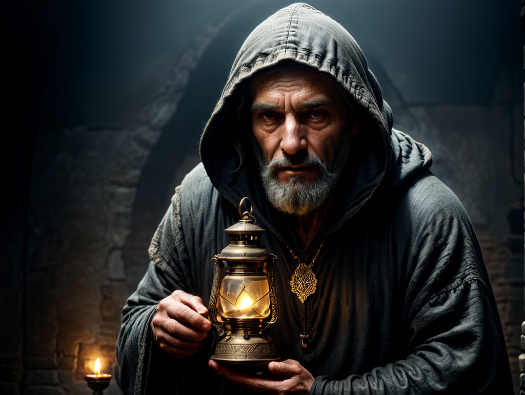 Mysterious old hooded figure, old man, full body, hunched over, covered face, holding an oil lamp, no background