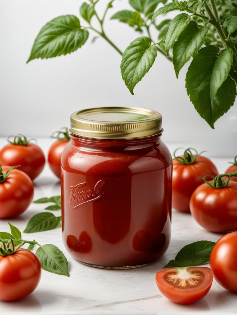 tomato ketchup jar, red tomato with green leaves, isolated, white background, mockup