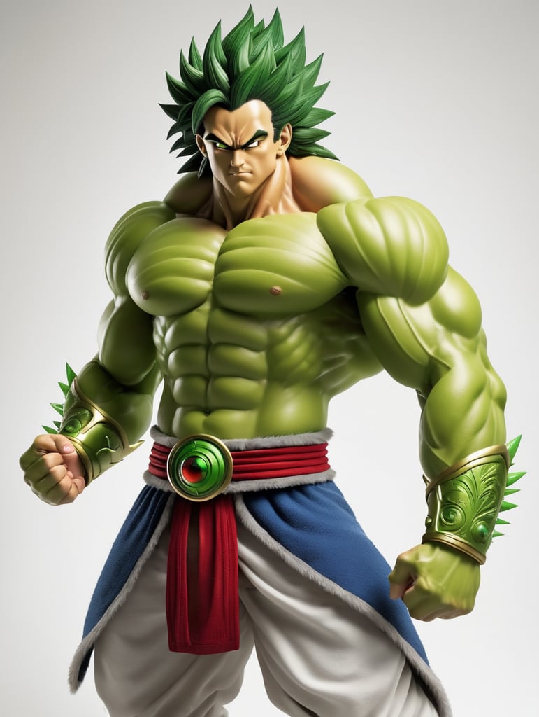 fullbody of a broly dragonball art style for Broly is a large, muscular Saiyan with a light skin complexion. He has black, spiky hair that reaches his mid-back, and short bangs framing his forehead. His eyes are a dark green color. Broly's head is his most distinctive feature. It is large and round, with a single, red eye in the center. The eye is surrounded by a yellow ring, and there is a small, black dot in the center of the ring. Broly's forehead is covered in a series of ridges, and he has two antennae that extend from his forehead. Broly's body is covered in a layer of green fur. He has four arms and four legs, and his muscles are well-defined. He has a tail that is about the same length as his body. Broly's skin is a light shade of green. His hair is black, and his eyes are dark green. His fur is also green, fullbody character