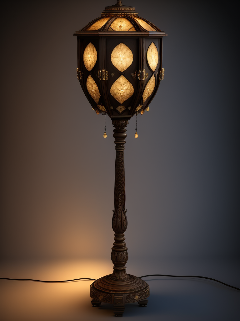 wooden floor lamp, carved black wood, decorated with gems