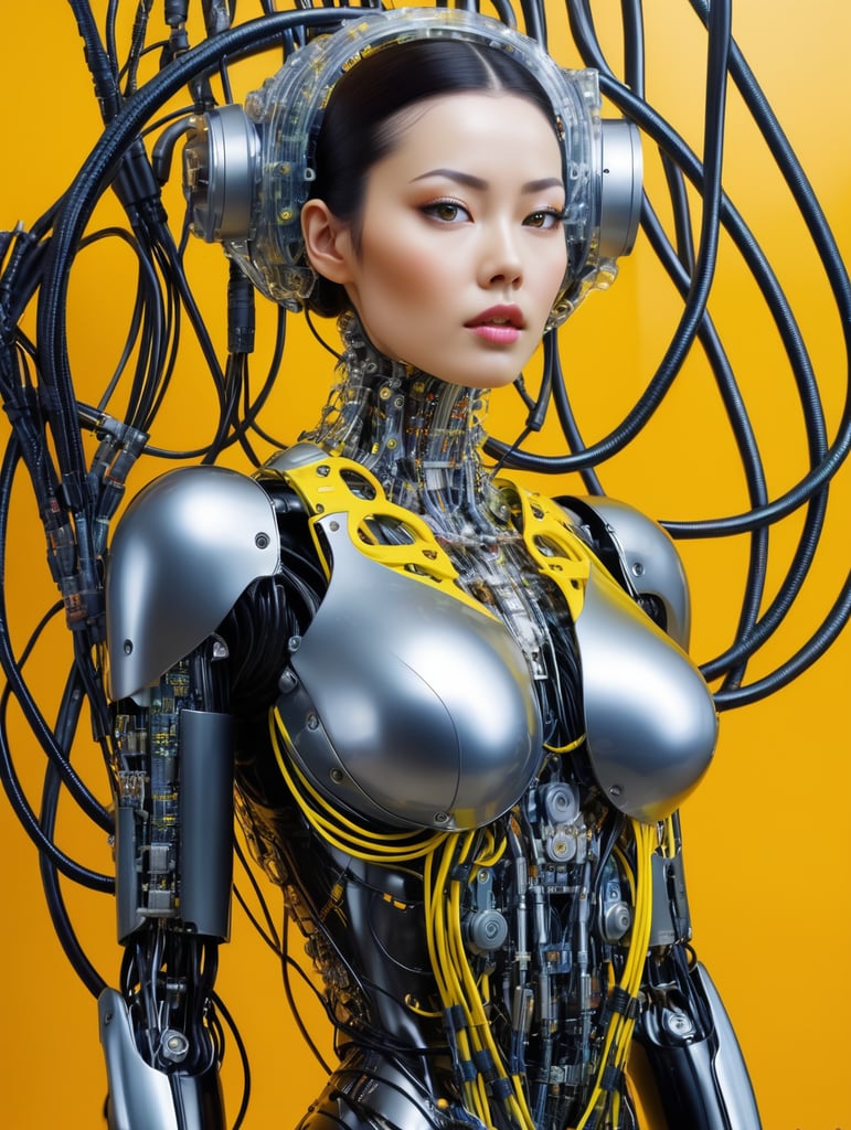 Half body photography, in front of a yellow wall, a futuristic cyborg woman, full of cables and wires and led, an well shaped transparent dark plexiglass latex body plc robots with silver motor head, 80 degree view, art by sergio lopez, natalie shau, james jean and salvador dali
