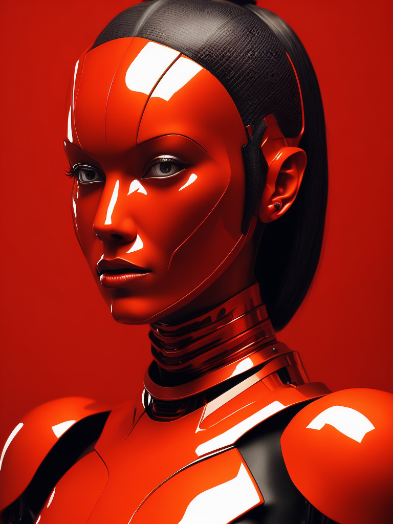 Portrait of an android girl made of red glossy material, sharp highlights, red background, Vivid saturated colors, Contrast color
