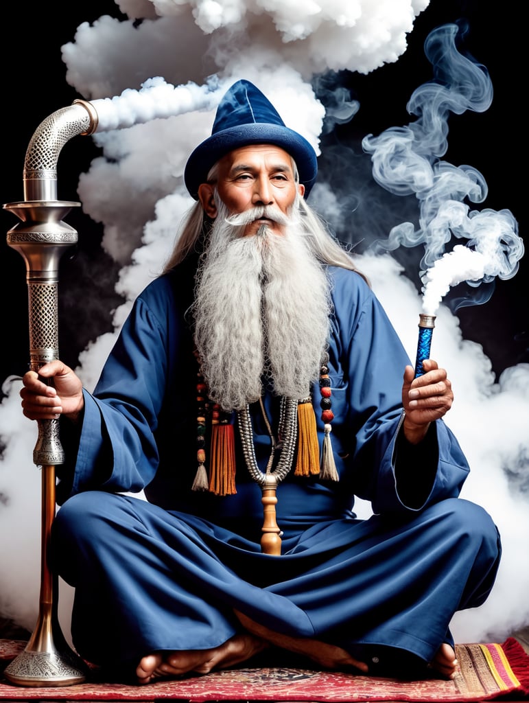old wizard with a long beard sitting cross-legged, smoking a large hookah pipe with a huge cloud of smoke above him