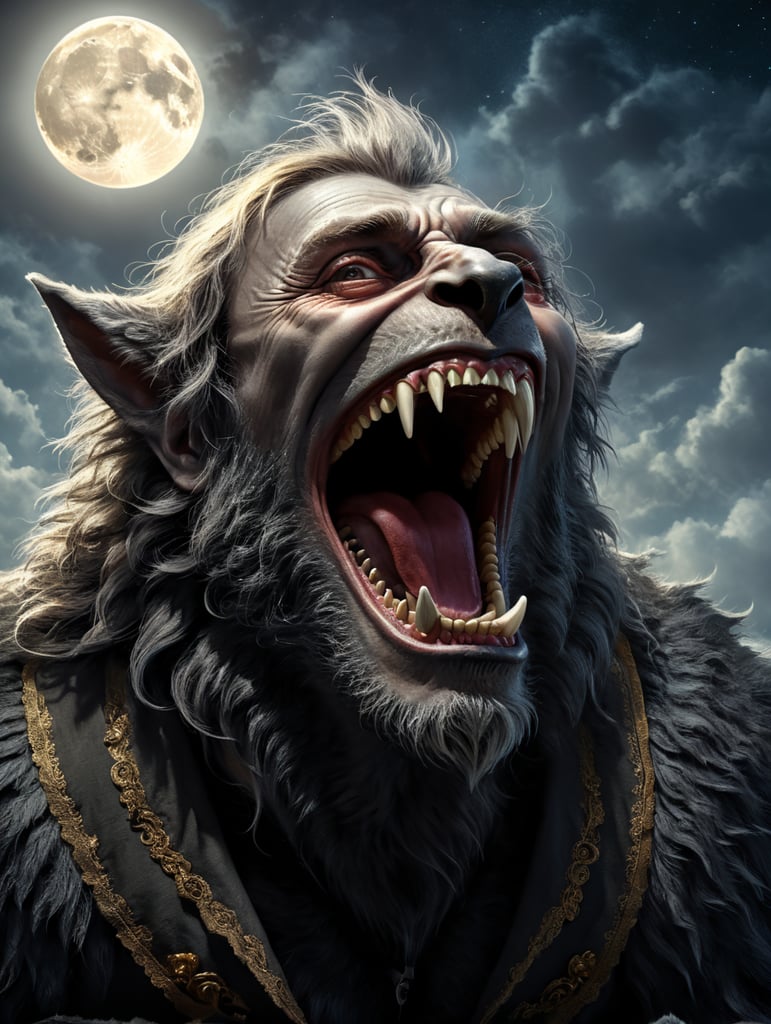 John Lennon from the Beatles disguised as Werewolf howling at a full moon background.