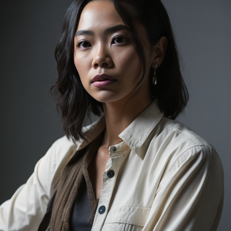 A portrait of a female Filipino creative professional in a studio with white background, midshot