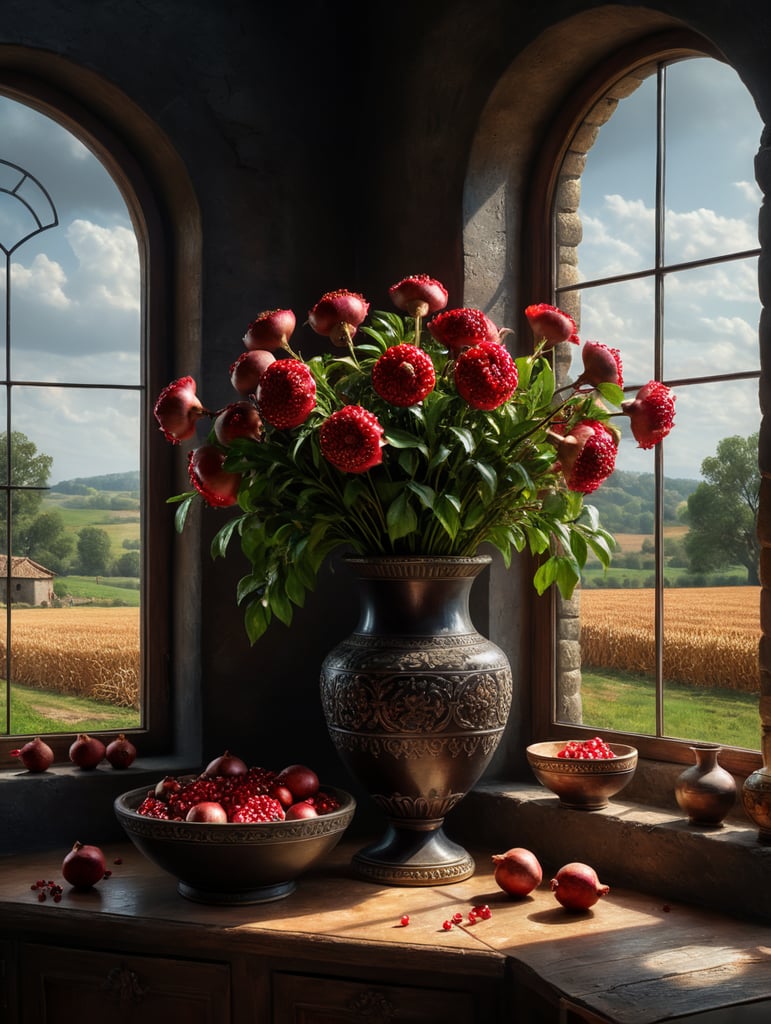 still life flower vase with a bowl of pomegranates with a window in the background od a country scene