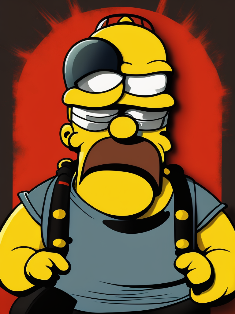 Homer Simpson, Simpsons style, yellow colors, width line, criminal, blood, fog, tattoo on face, cartoon, fat man