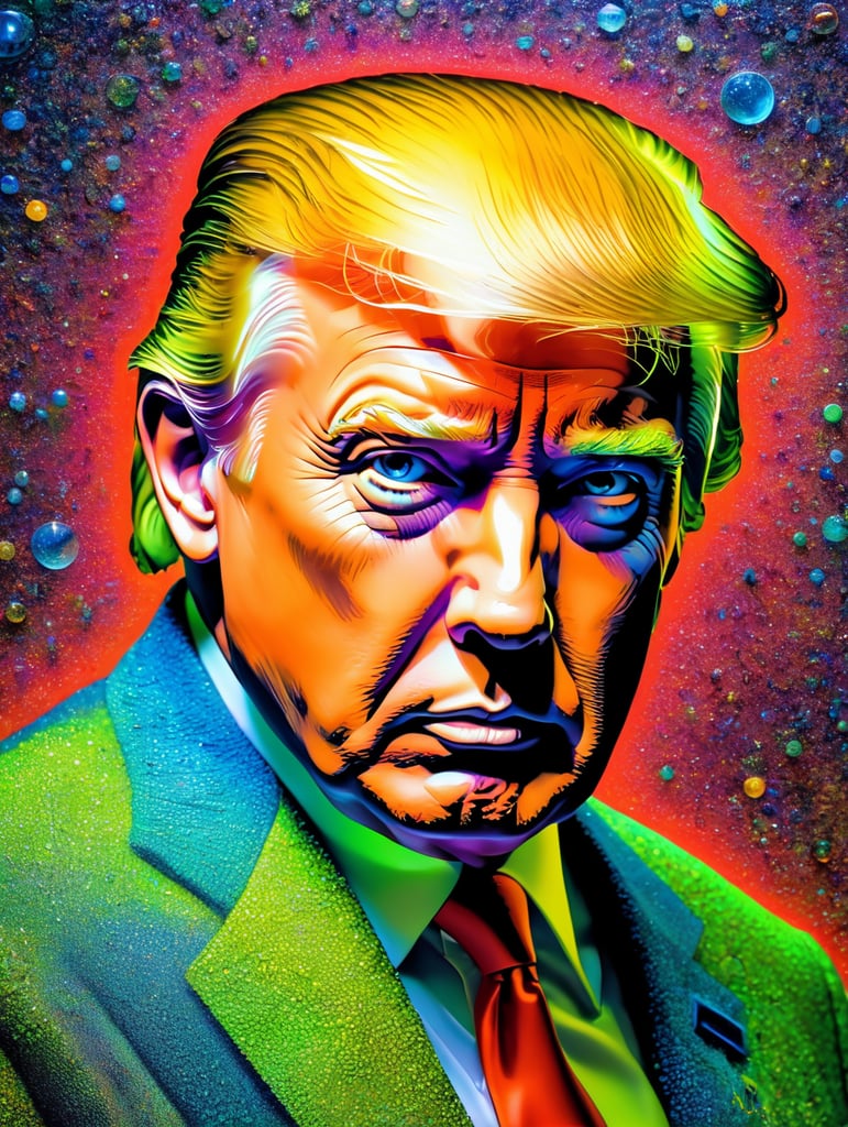 Fine Art Fluorescent Pointillism Sci-fi Surrealism Photography, Futuristic Donald Trump, Portrait made of hyper-detailed transparent frosted plastic, Moebius Bernard Buffet, van Gogh, Vermeer, Erin Hanson, Pierre Soulages, National Geographic, textured depth, vibrant fluorescent hyperrealism photo
