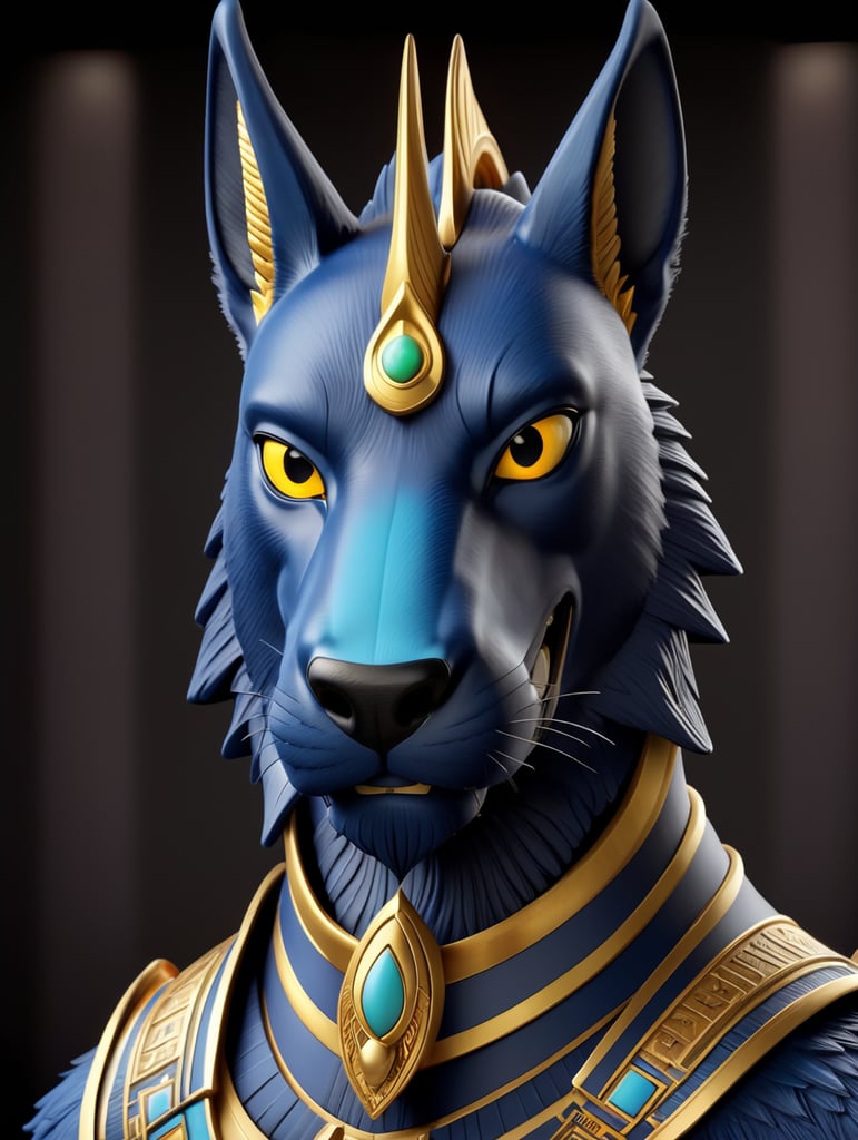 Egyptian god Anubis, portrait, hyper-realistic, dark style, focus on face, sharp on details, black background