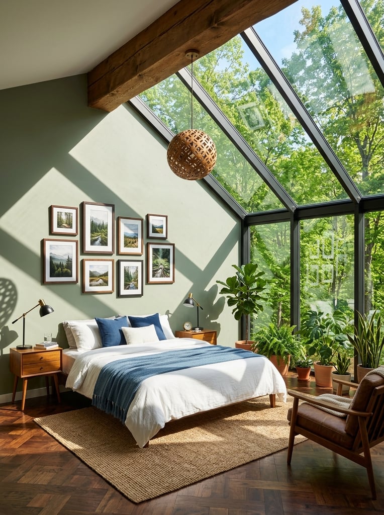 A sunlit modern bedroom features a dramatic slanted glass roof wall revealing a lush green forest canopy. A bed dressed in white linens, a blue tasseled throw, and dark blue pillows rests on a tan rug over dark parquet flooring. A mid-century wooden armchair with brown leather cushions sits beside dense potted plants clustered along the black-framed windows. A massive wooden ceiling beam suspends a spherical wooden pendant light. The adjacent sage green wall displays a gallery of framed landscape photographs above the bed, flanked by wooden nightstands and black table lamps. Bright directional sunlight pours through the glass, casting sharp geometric shadows across the green wall, crisp bedding, and floor.
